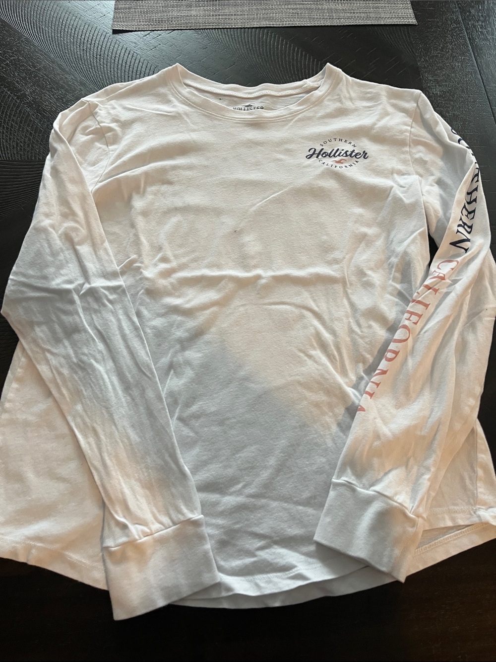 Hollister White Long Sleeve Tee with Navy Chest Logo and Pink Sleeve Script